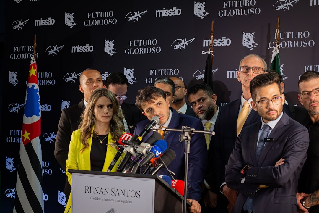 businessman speaking at press conference